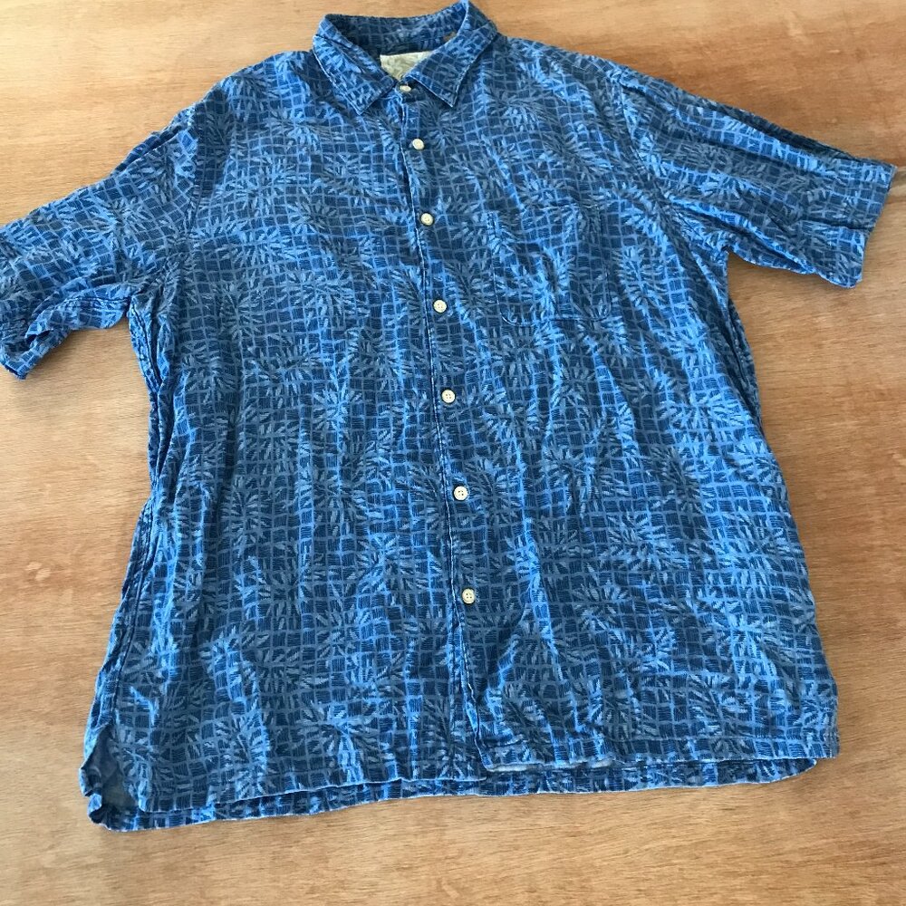 Tasso Elba Hawaiian Shirt Men L Blue Floral Button Up Silk Linen Pocket Collared